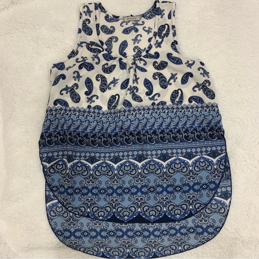 Blue and white tribal pattern high low tank top